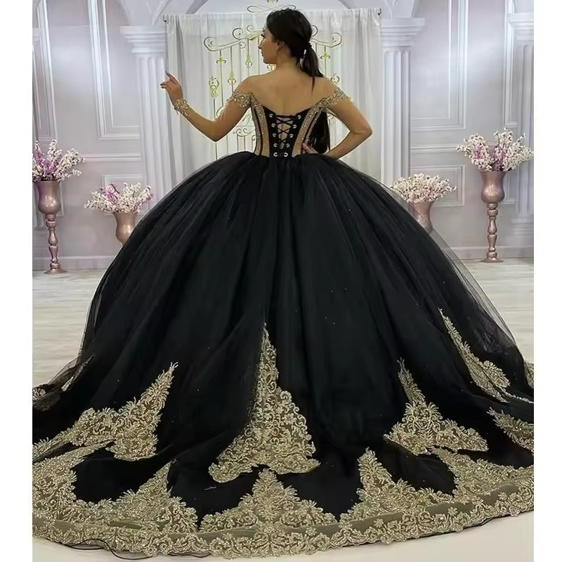 Customized Corset Black Quinceanera Sweet 16 Dress Gold Appliqued