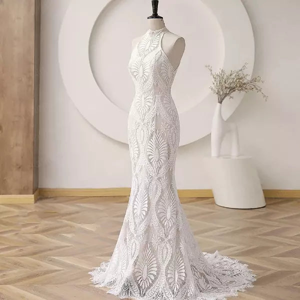 Customized Mermaid Halter Beach Wedding Dress Lace Sleeveless