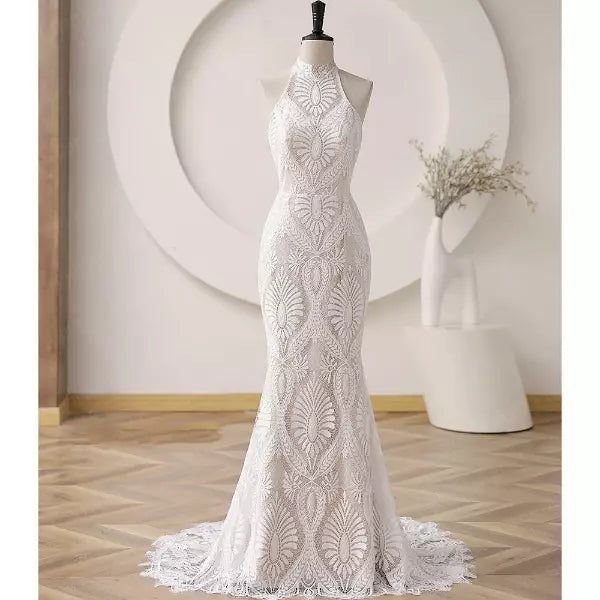 Customized Mermaid Halter Beach Wedding Dress Lace Sleeveless