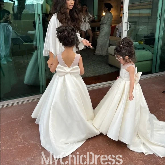 Cute A Line Satin White Flower Gril Dresses with Bowknot Mychicdress