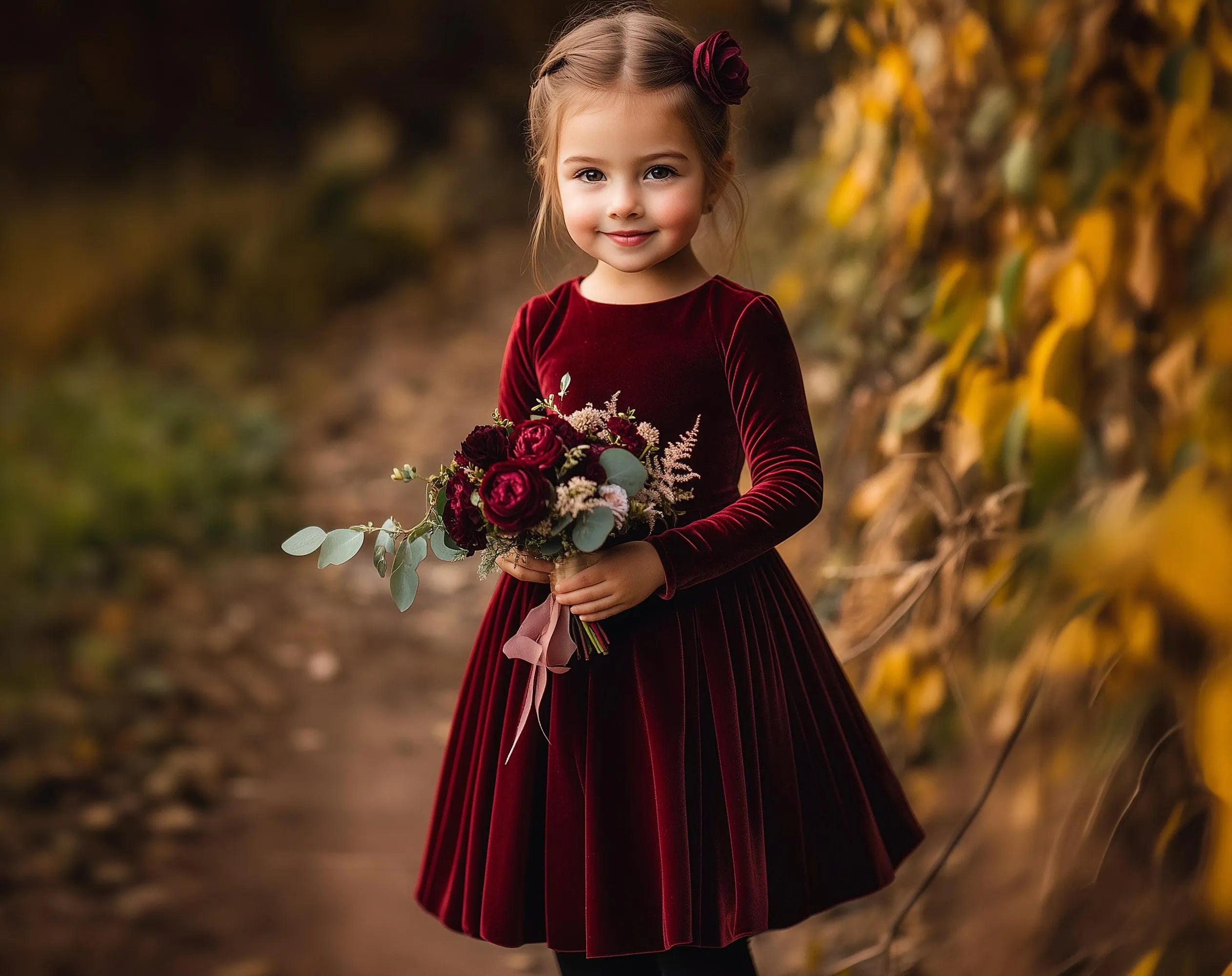 Cute Burgundy Velvet Flower Girl Dress Long Sleeves for Winter Wedding