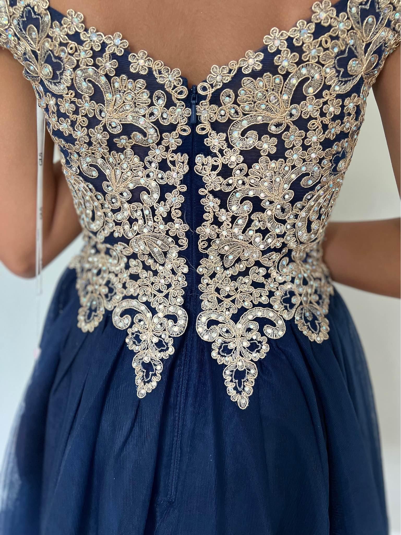 Cute Gold Lace Navy Blue Homecoming Dress Short Sweet 16 Dress Mychicdress