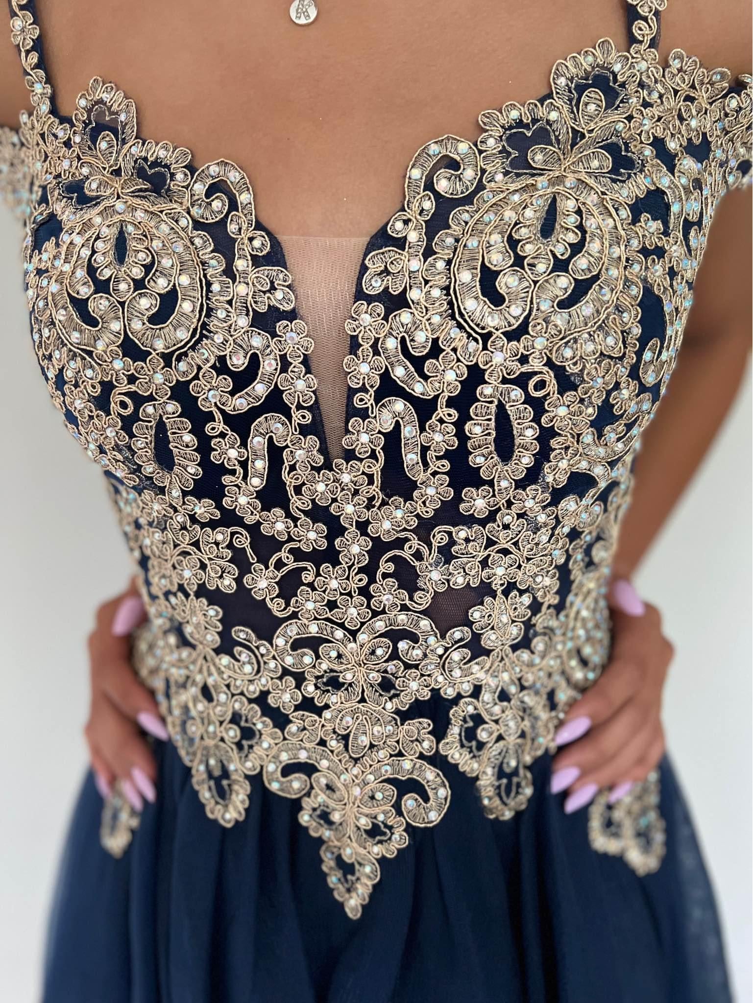 Cute Gold Lace Navy Blue Homecoming Dress Short Sweet 16 Dress Mychicdress