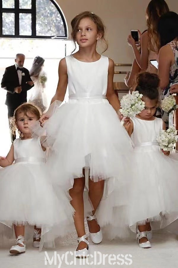 Cute Hi Low Satin Tulle Flower Girl Dress for Wedding Party