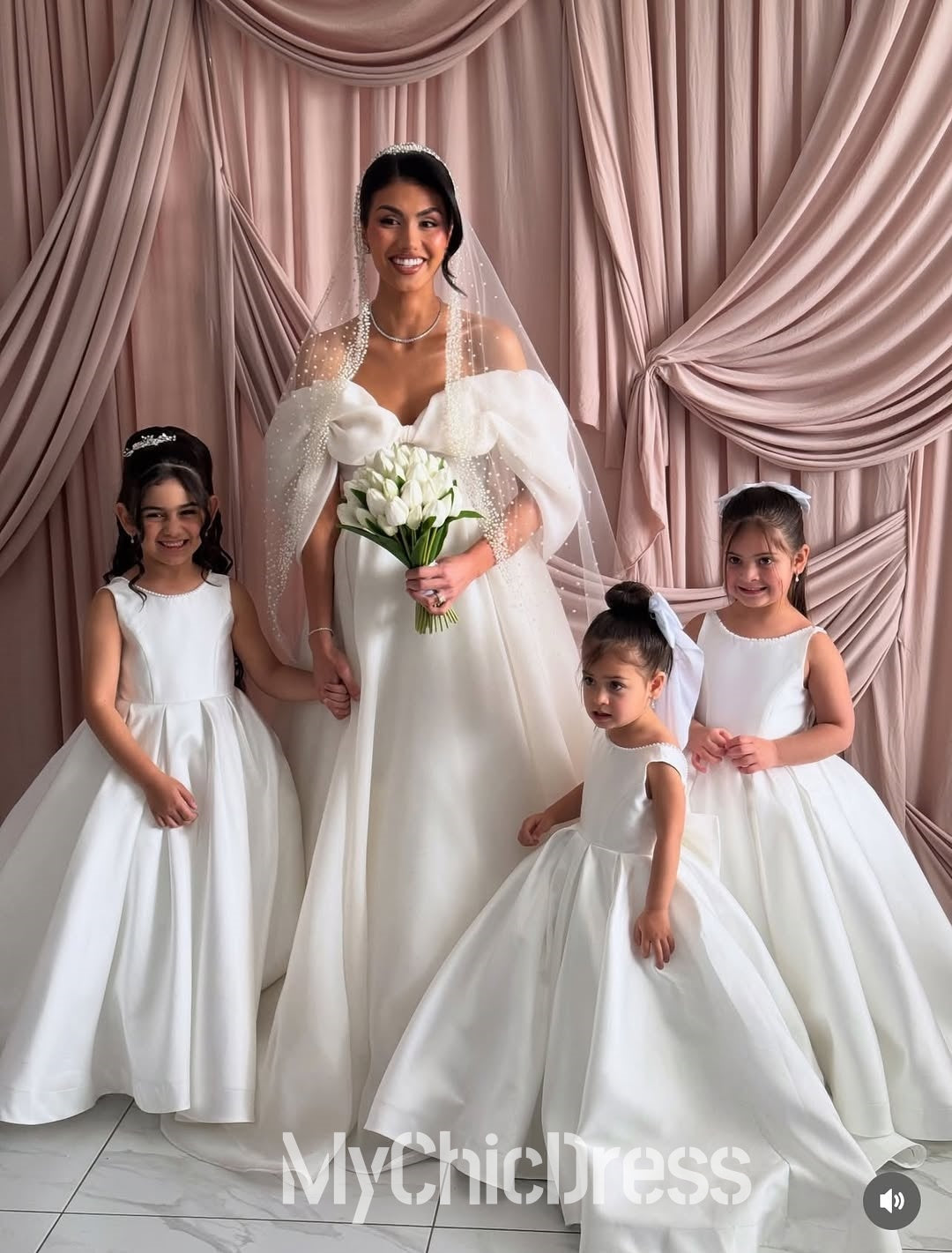 Cute Pearls Straps Flower Girl Dresses Satin Sleeveless with BowKnot