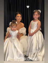 Cute Pearls Straps Flower Girl Dresses Satin Sleeveless with BowKnot