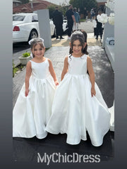 Cute Pearls Straps Flower Girl Dresses Satin Sleeveless with BowKnot