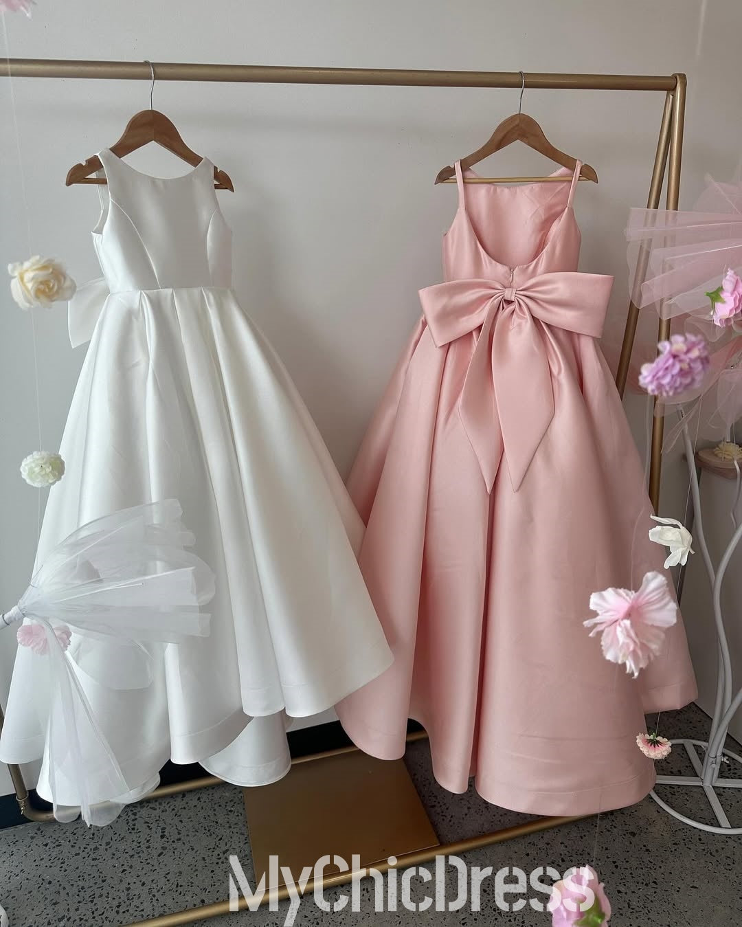 Cute Satin Flower Girl Dresses Straps Sleeveless with BowKnot Mychicdress