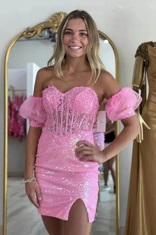 Cute Sequin Pink Homecoming Dress Applique with Bubble Sleeves Mychicdress