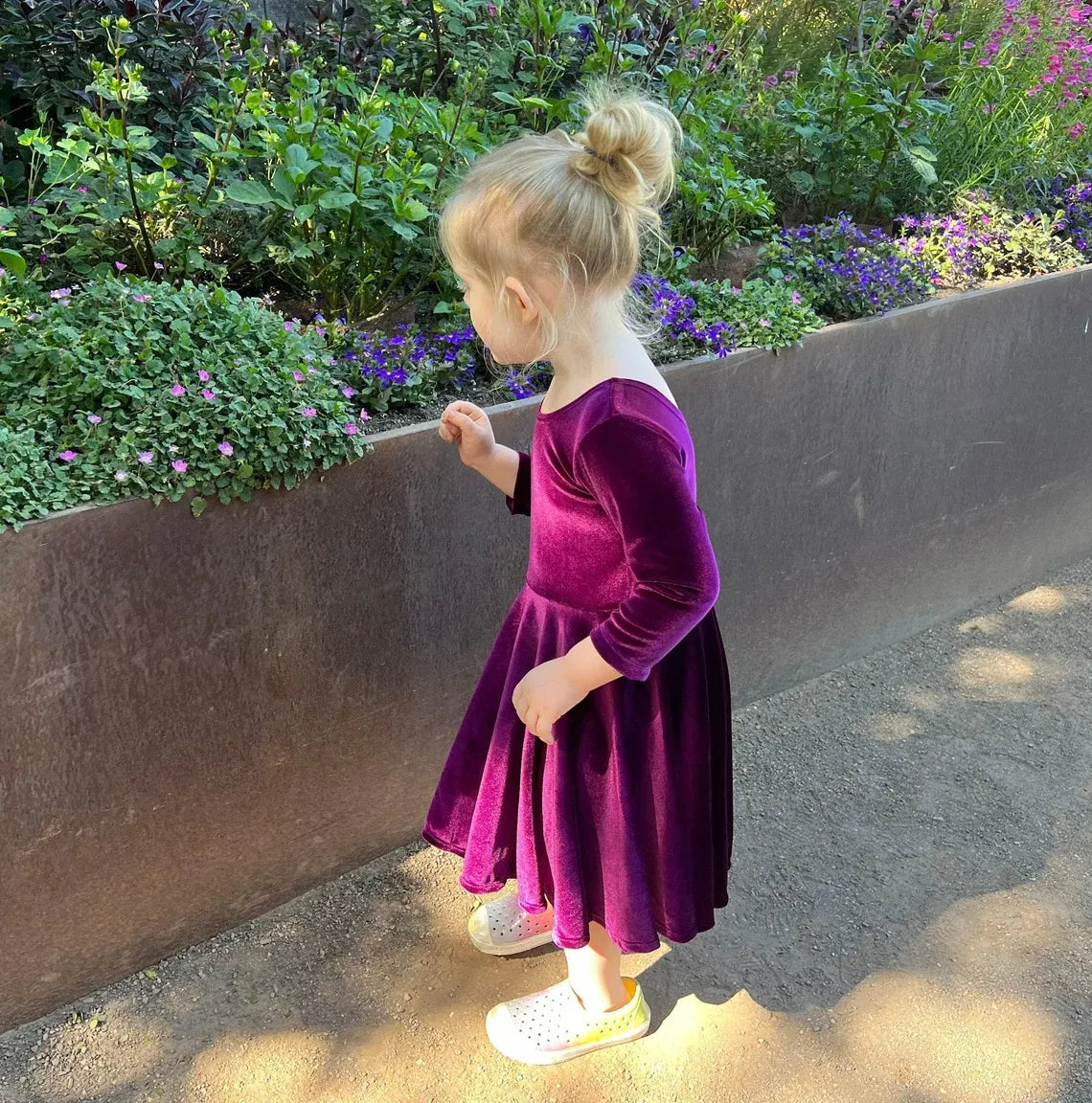 Cute purple Velvet Flower Girl Dress Long Sleeves for Winter Wedding