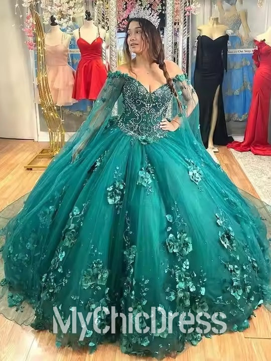 Dark Green Ball Gown Quinceanera Dress 3D Flowers Off-the-Shoulder with Cape