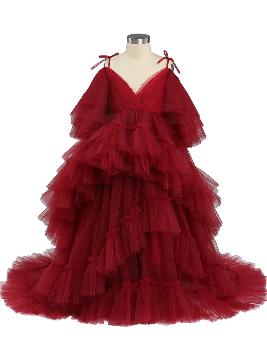Dark Red Tulle Flower Girls Dress for Wedding Party Girl PhotoShoot Dress