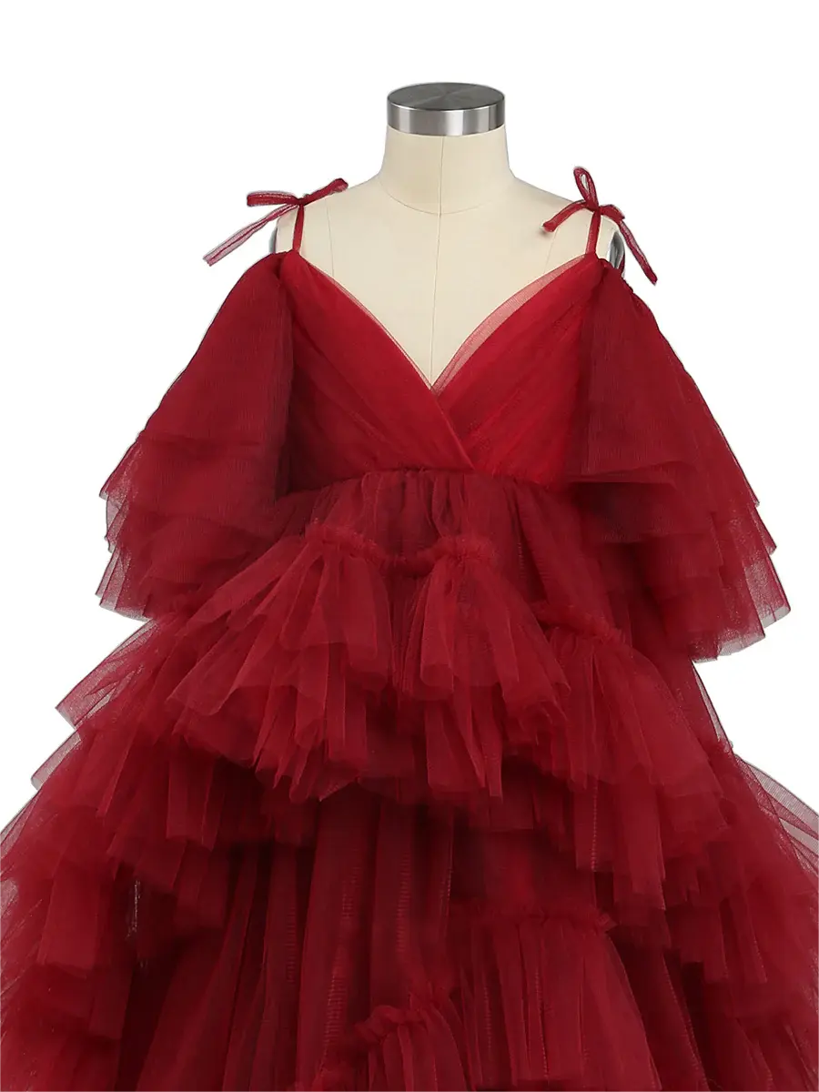 Dark Red Tulle Flower Girls Dress for Wedding Party Girl PhotoShoot Dress