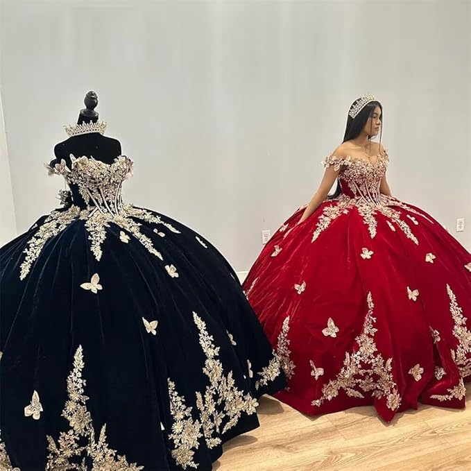 black Velvet Quinceanera Dresses Gold Butterfly with Cape Mychicdress