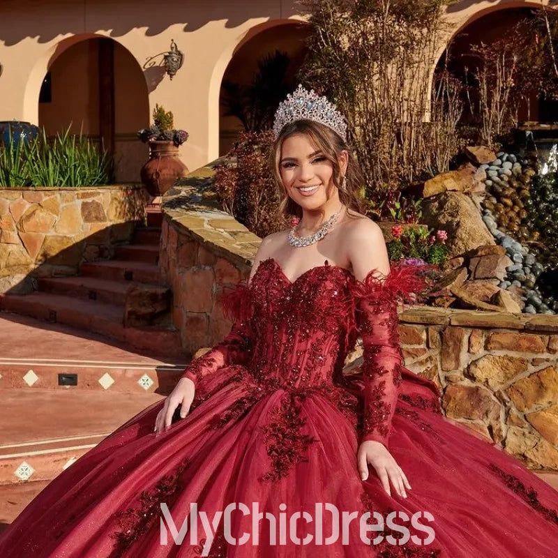 Dark Red Vestidos De 15 Anos Quinceanera Dresses with Sleeve Feather Mychicdress