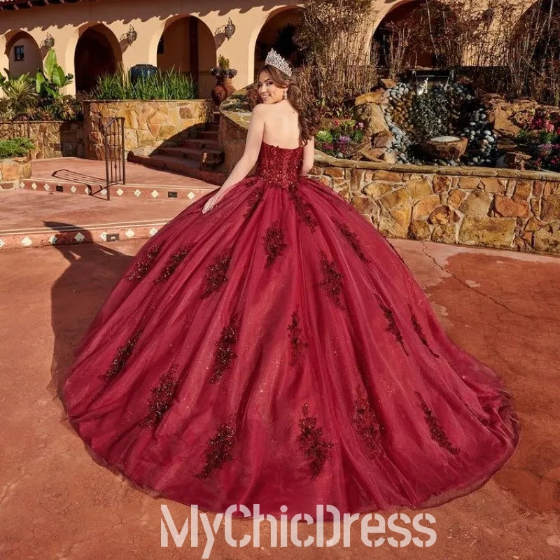 Dark Red Vestidos De 15 Anos Quinceanera Dresses with Sleeve Feather Mychicdress