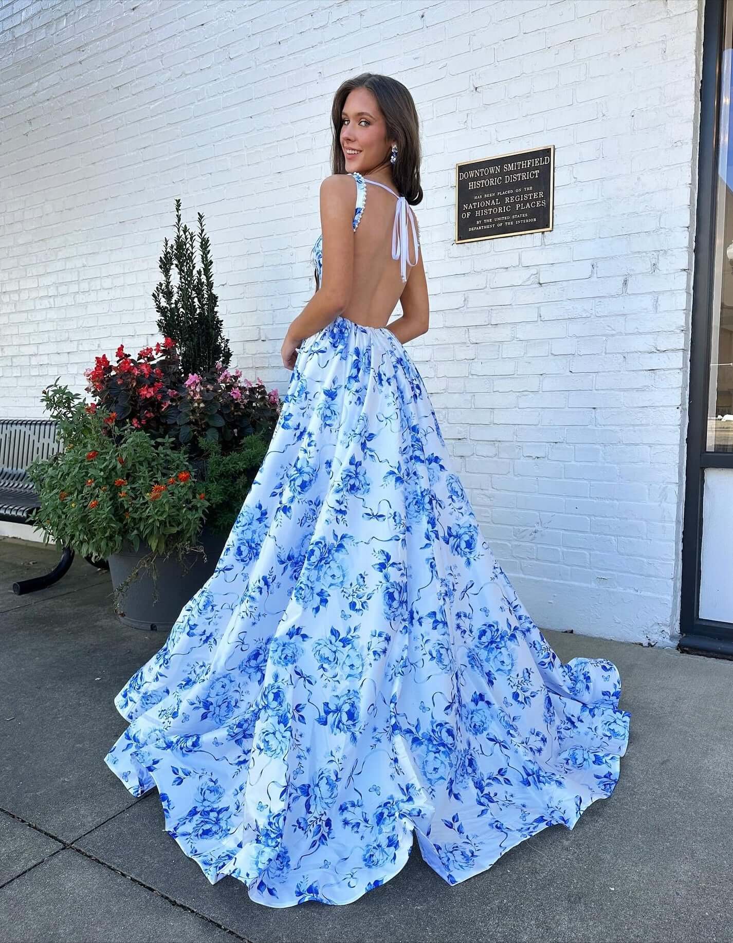 Discount Floral Print Blue Prom Dress Near Me Long Evening Gowns Mychicdress