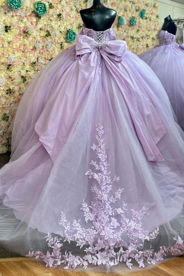 Discount Puffy Lavender Quinceanera Dresses Appliques Lace With Bow Mychicdress