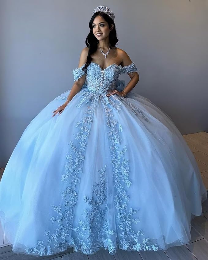 Discount Puffy Blue Quinceanera Dresses Appliques Lace With Bow