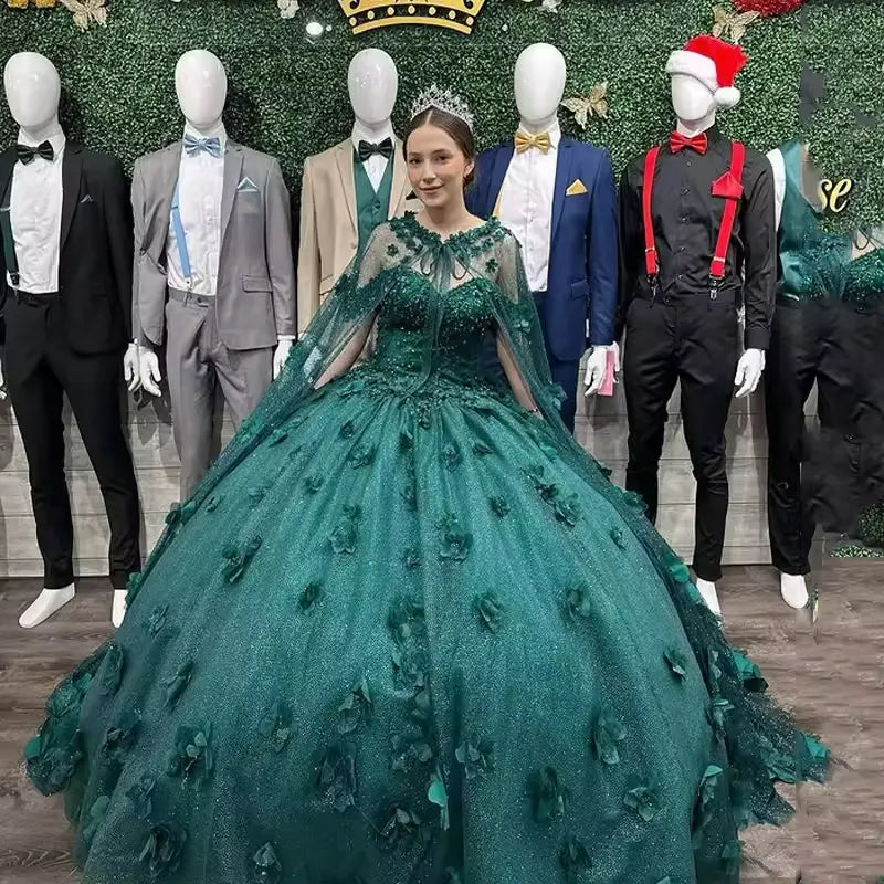 Discount Sequined Emerald Green Quinceanera Dress with cape Mychicdress