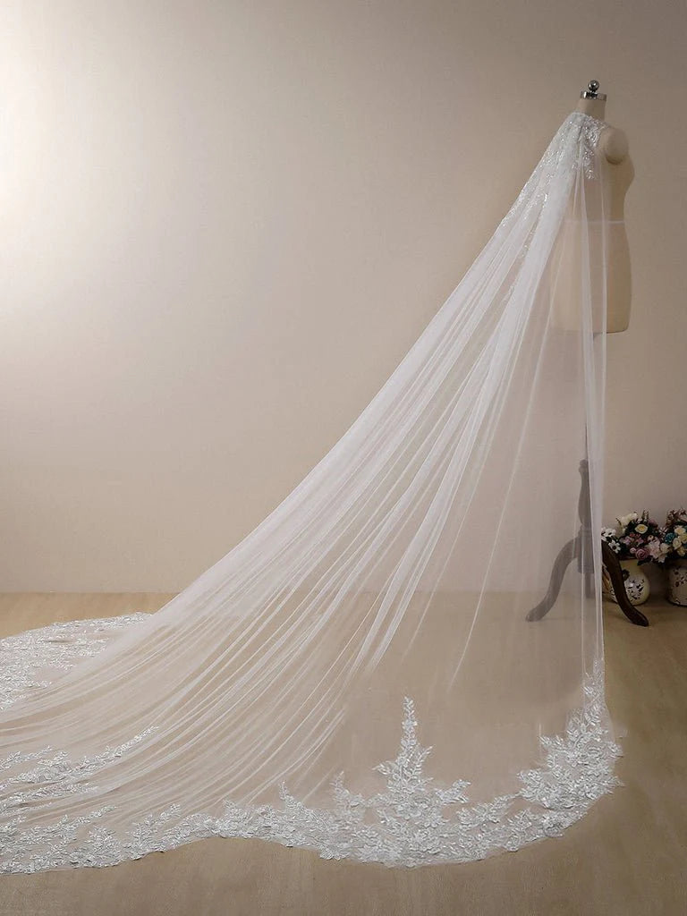 Elegant Floral Lace Sequins Cathedral Wedding Veil