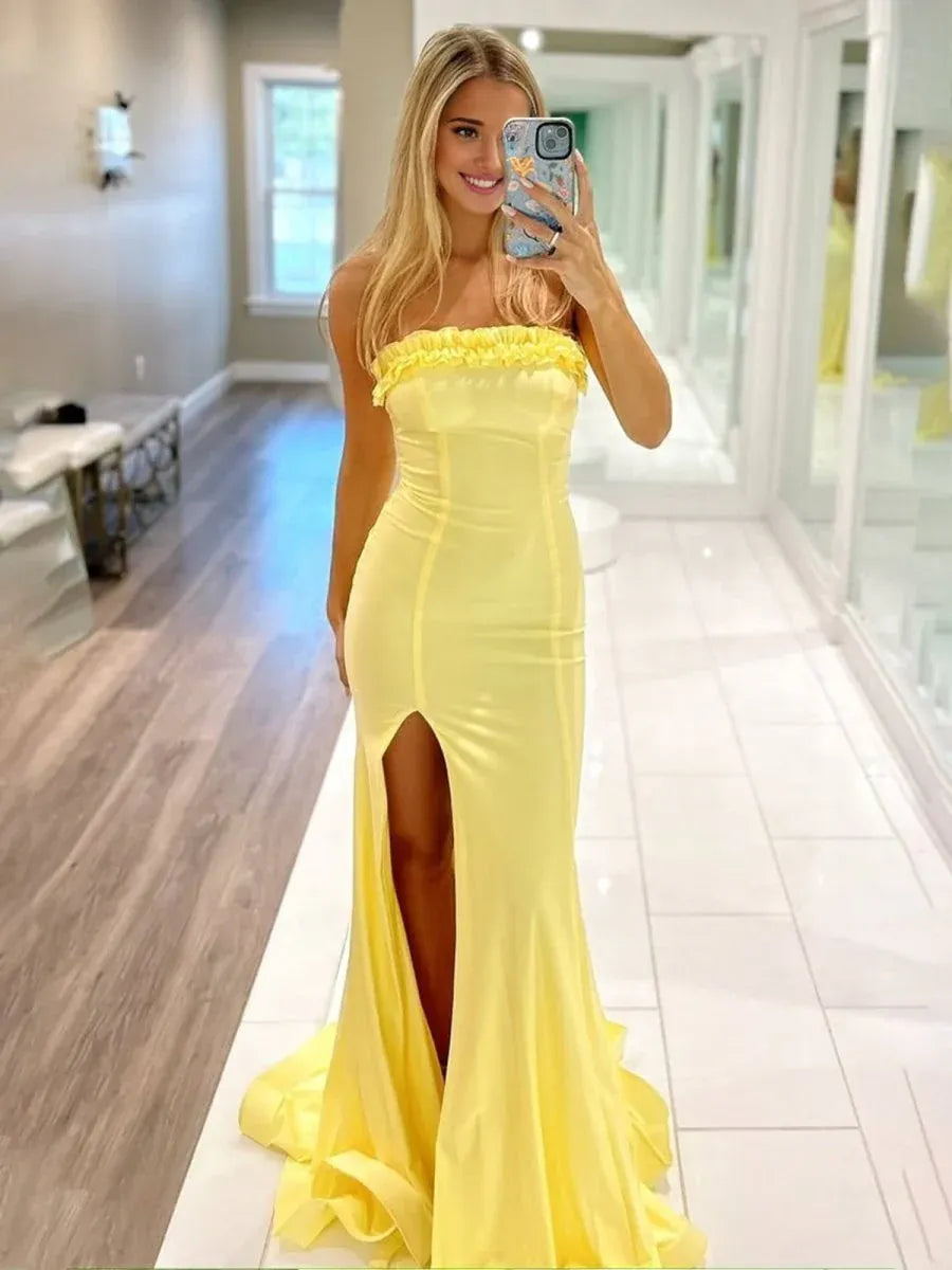 Elegant Yellow Evening Gown Satin Prom Dresses Mermaid Ruffles