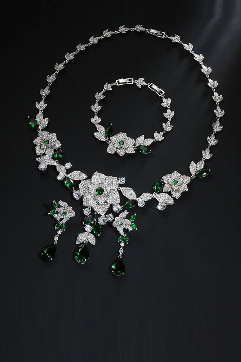 Emerald Green Flower Bracelet Necklace Jewelry Set