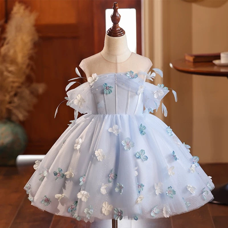 Fairy Blue Flower Girl Wedding Dress off Shoulder Princess Pageant Dress Mychicdress
