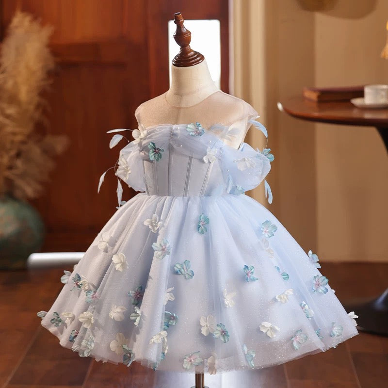 Fairy Blue Flower Girl Wedding Dress off Shoulder Princess Pageant Dress Mychicdress