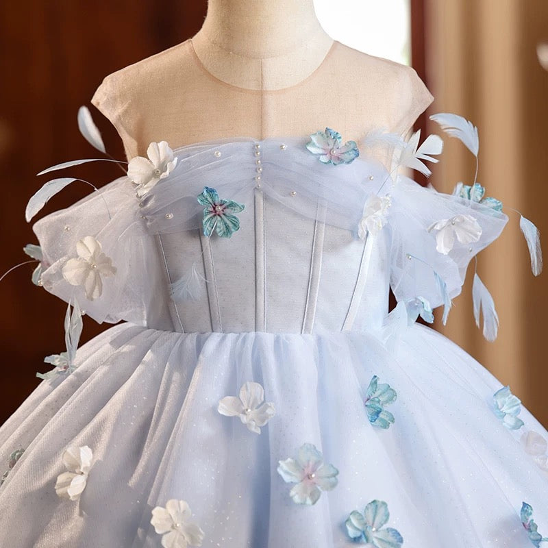Fairy Blue Flower Girl Wedding Dress off Shoulder Princess Pageant Dress Mychicdress