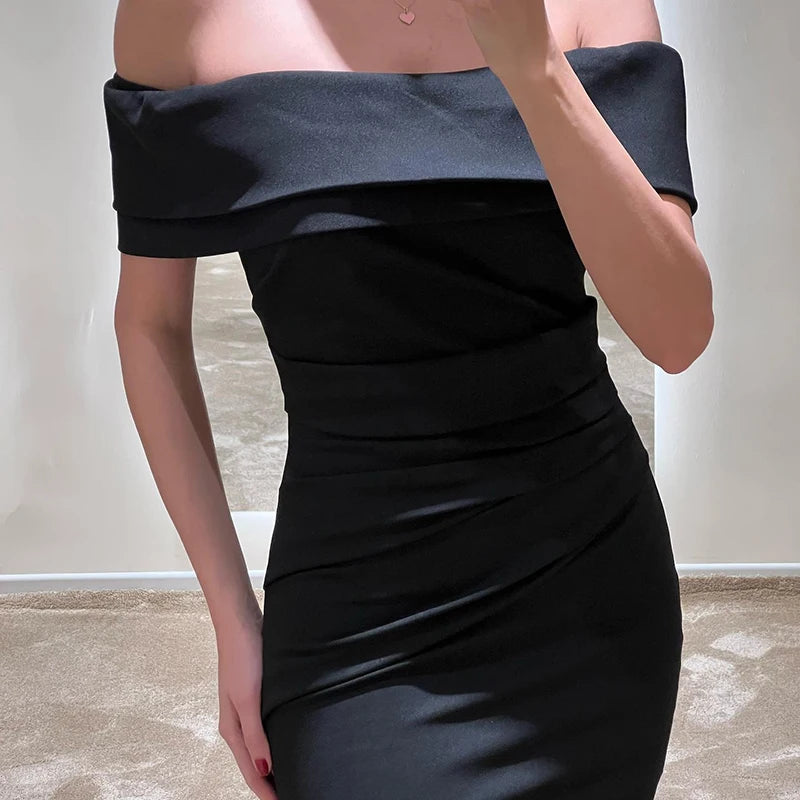 Floor Length Black Satin Evening Dress Off The Shoulder Mychicdress