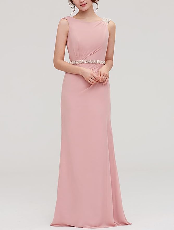 Pink evening gown with a beaded waistband
