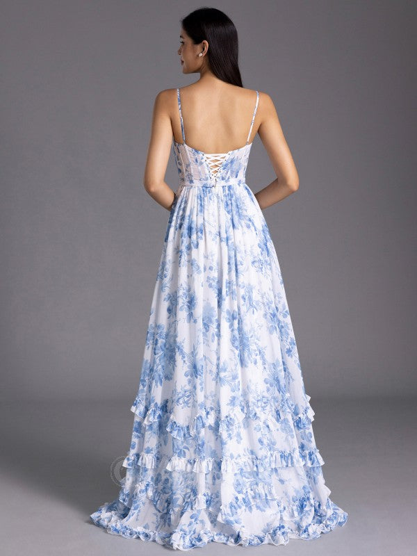 Floor Length Floral Blue Bridesmaid Dress Corset with Ruffles Mychicdress