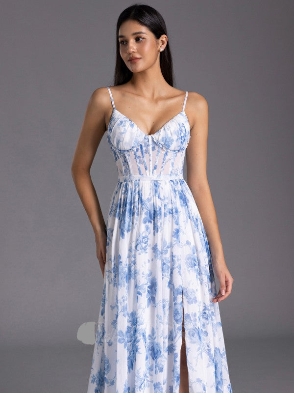 Floor Length Floral Blue Bridesmaid Dress Corset with Ruffles Mychicdress