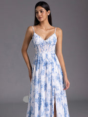 Floor Length Floral Blue Bridesmaid Dress Corset with Ruffles Mychicdress