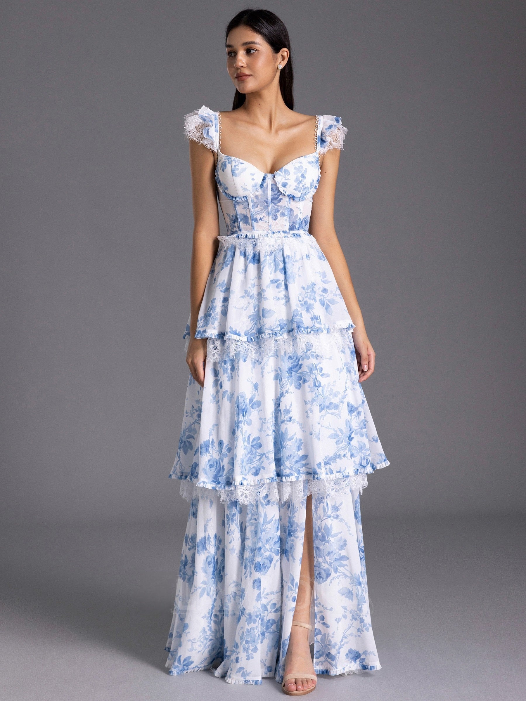 Floor-Length Floral Formal Guest Dress Blue Corset Bridesmaid Dress Mychicdress