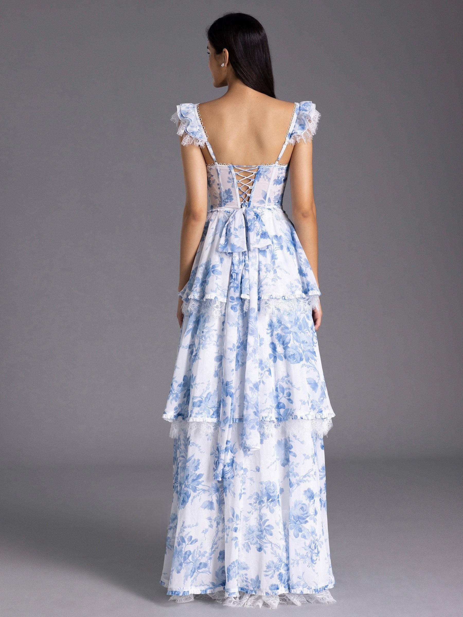 Floor-Length Floral Formal Guest Dress Blue Corset Bridesmaid Dress Mychicdress