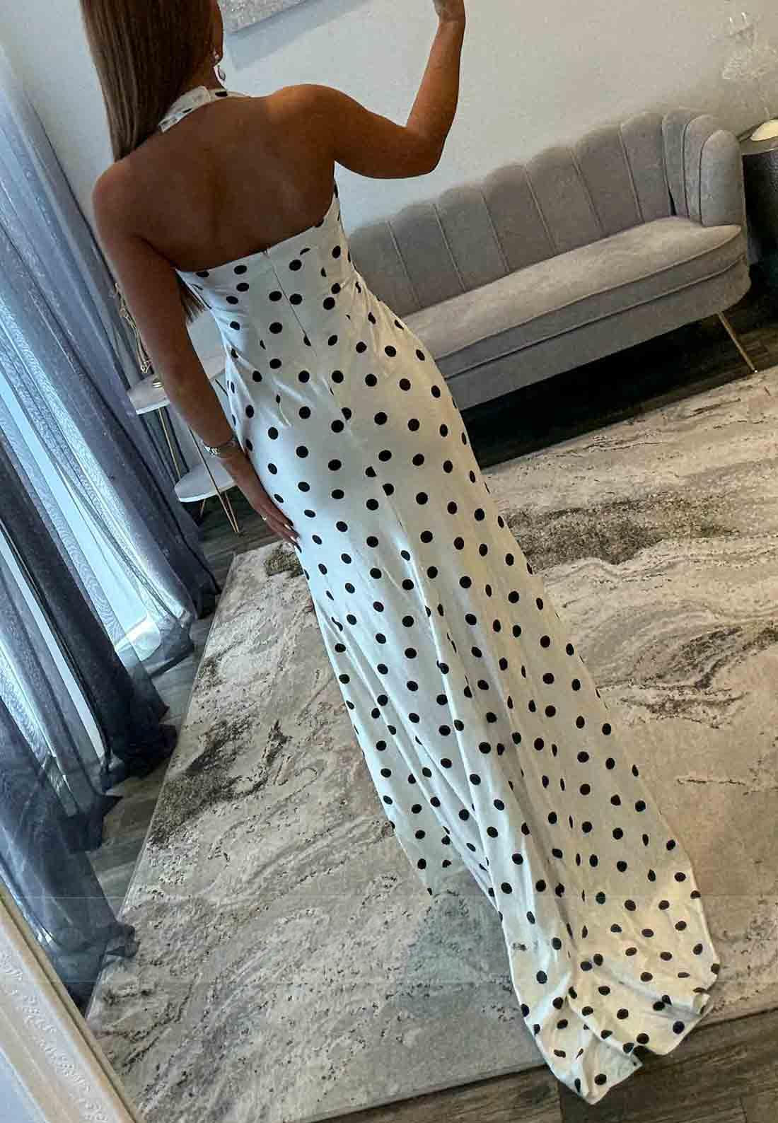 Floor-Length Polka Dot Halter Prom Dress Mermaid Sweetheart Side Slit