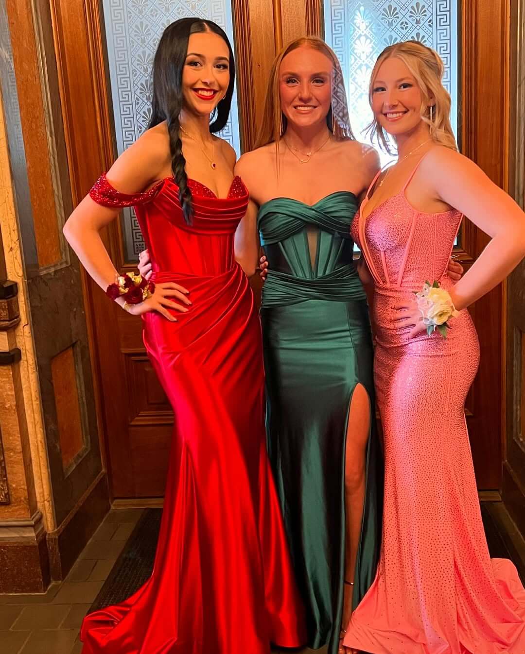 Floor Length Red Corset Prom Dress Satin Sequin Off-Shoulder