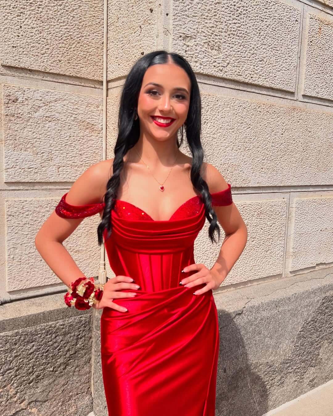 Floor Length Red Corset Prom Dress Satin Sequin Off-Shoulder