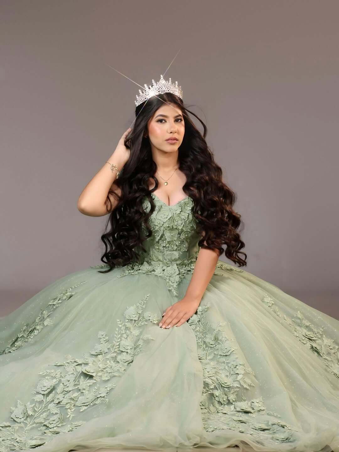 Floor Length Sage Green Quinceanera Dresses with Floral Pearls Off the Shoulder