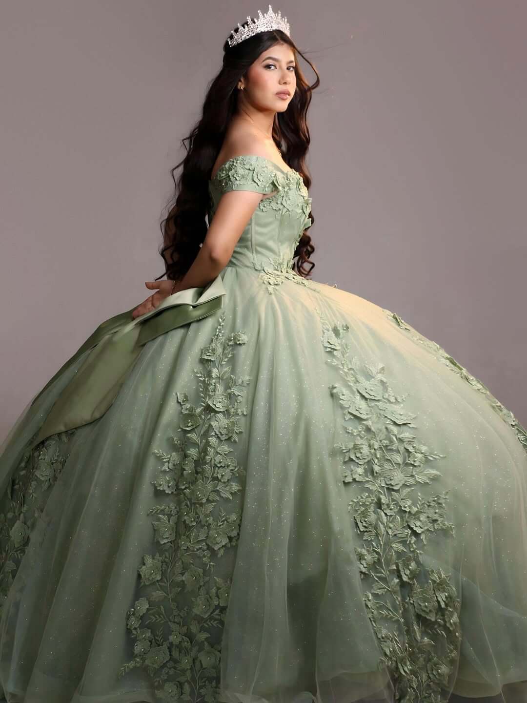 Floor Length Sage Green Quinceanera Dresses with Floral Pearls Off the Shoulder