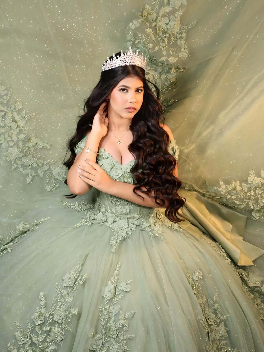 Floor Length Sage Green Quinceanera Dresses with Floral Pearls Off the Shoulder