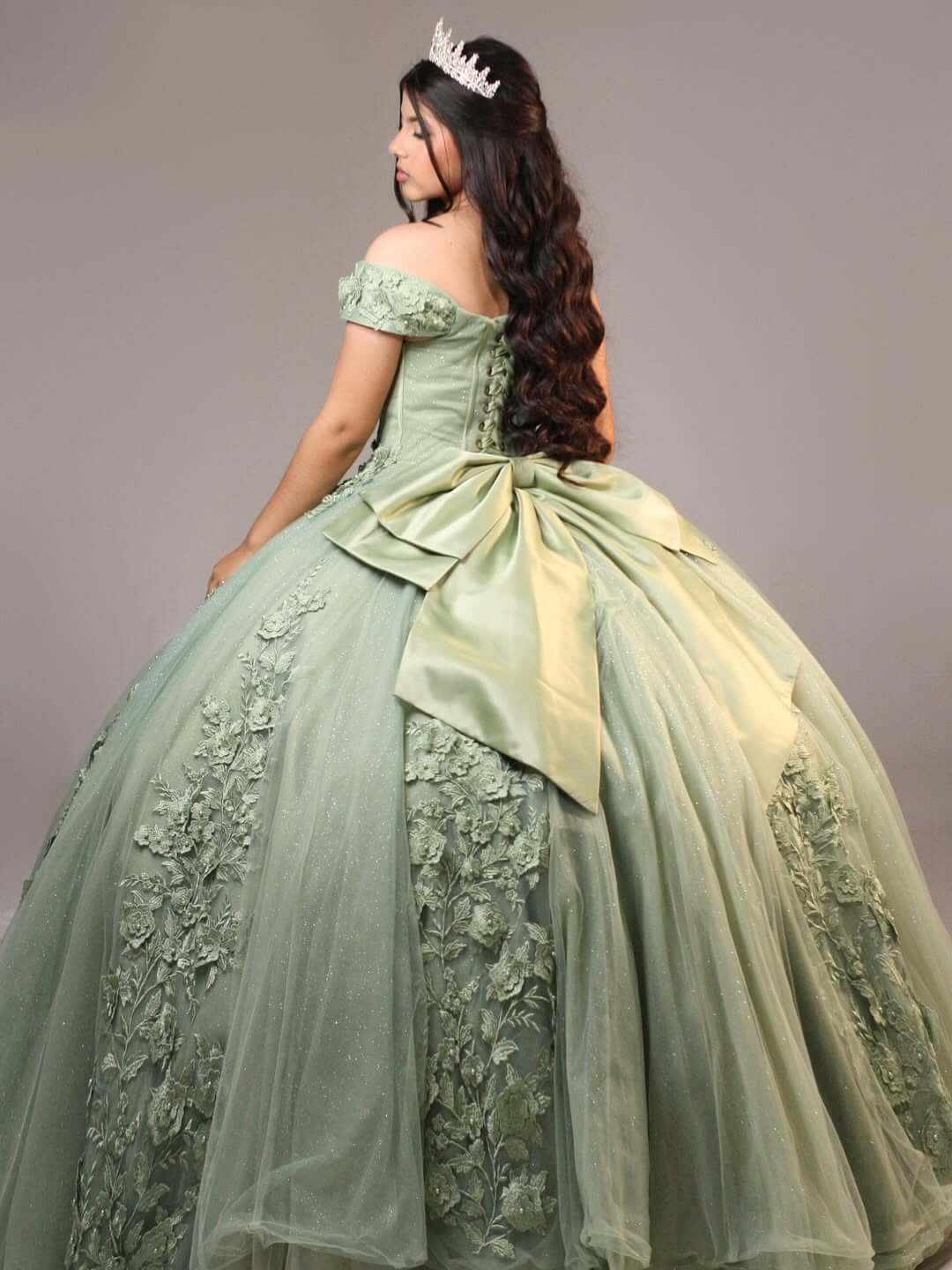 Floor Length Sage Green Quinceanera Dresses with Floral Pearls Off the Shoulder