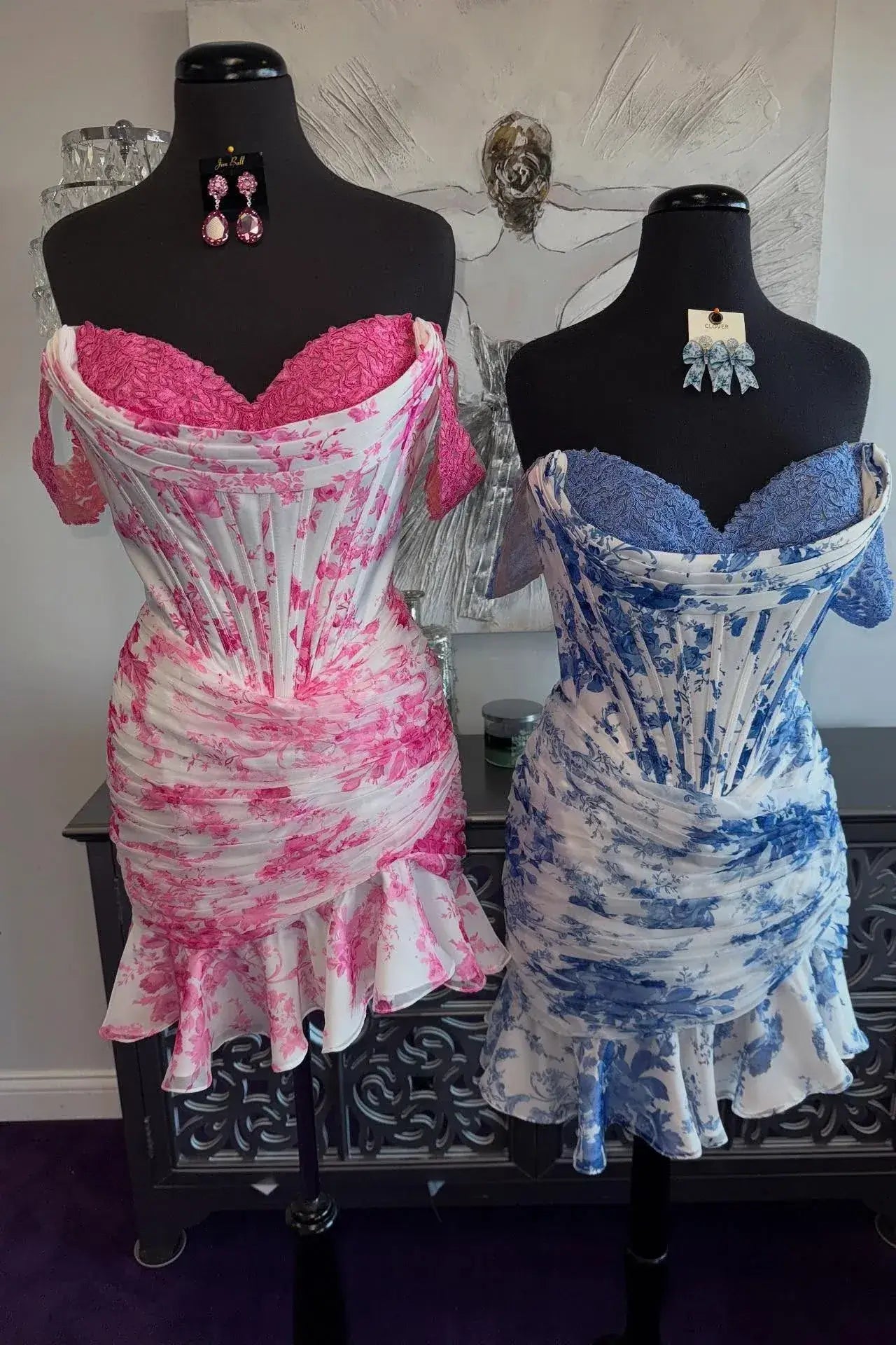 Floral Print Short Prom Dress Off-shoulder Mermaid Mini Hoco Dress