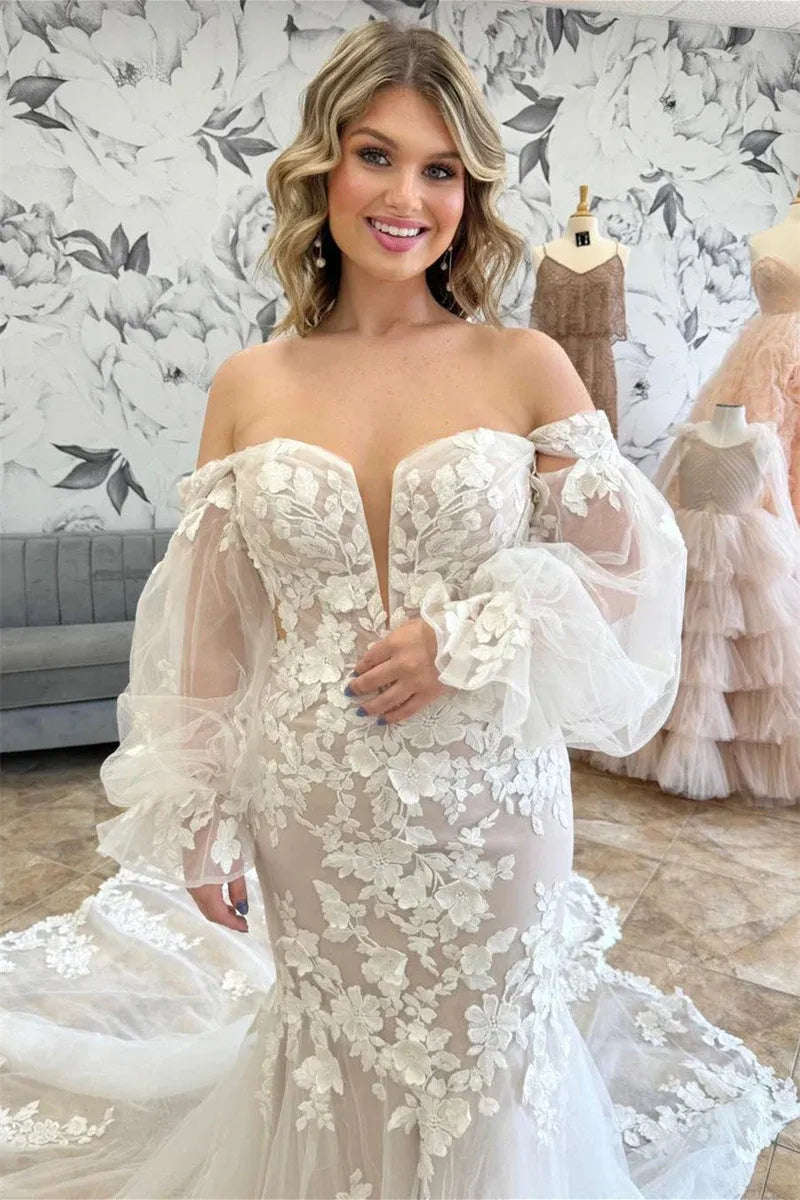 Flowy Lace Wedding Dresses with Sleeves Off-The-Shoulder Mermaid