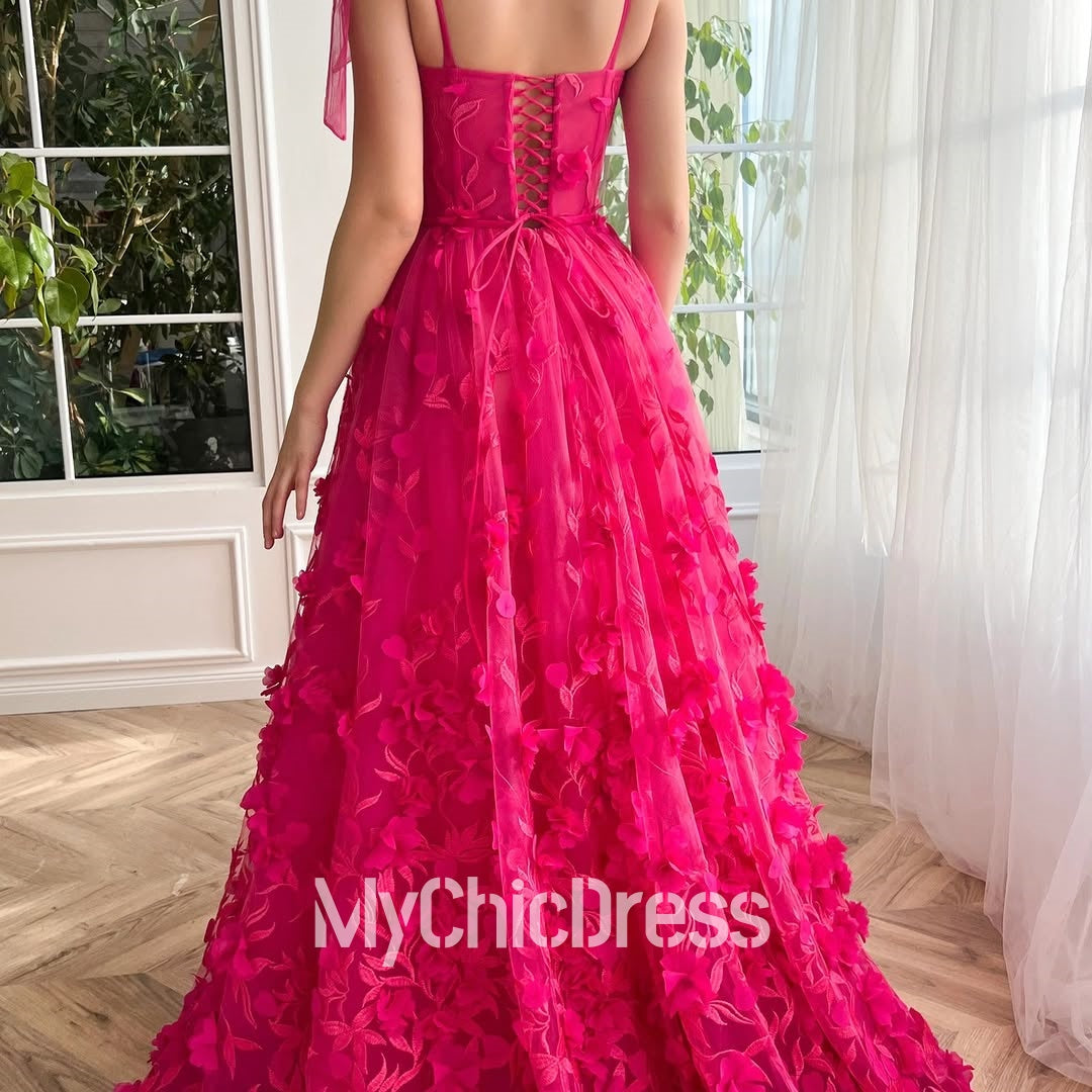 Fuchsia Floral Prom Dress A-line High Split Summer Dress Mychicdress