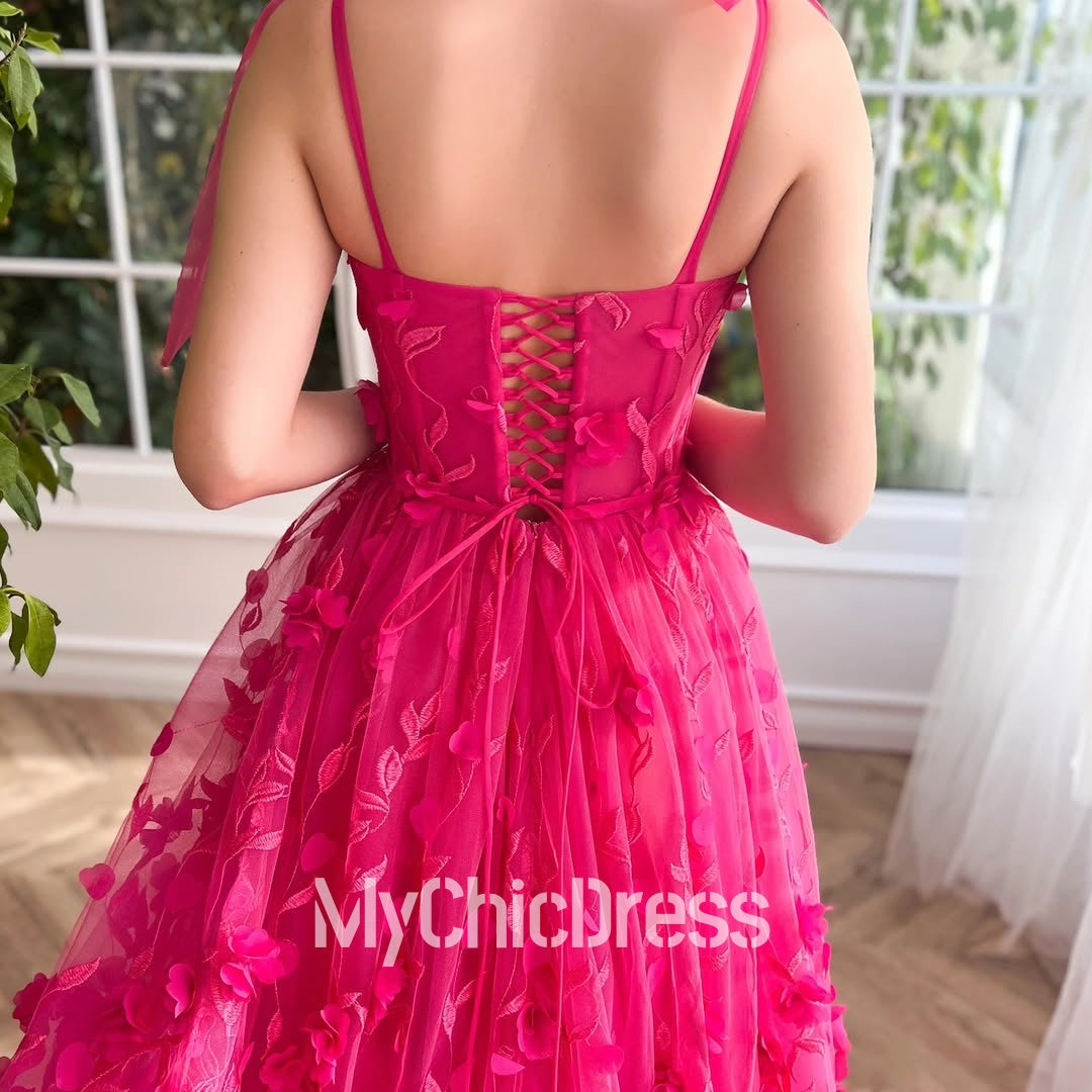 Fuchsia Floral Prom Dress A-line High Split Summer Dress
