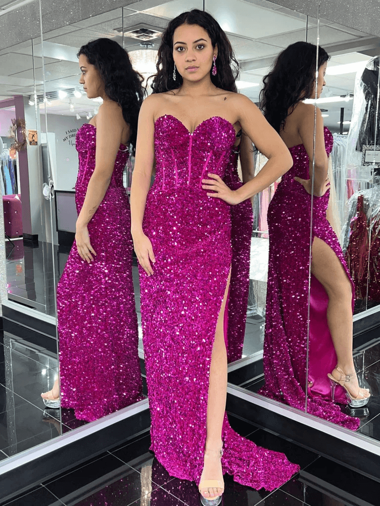 Strapless SequinsFuchsia Prom Dress Mermaid Long Formal Gown