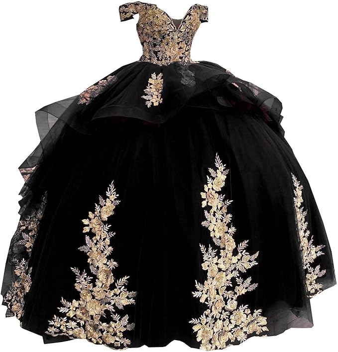 Girls black Gold Mexican Quinceanera Dresses 3D Flower Pattern Ball Gowns Mychicdress